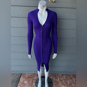 Hera Collection Purple Stud-Embellished Zip Front Long Sleeve Bodycon Dress